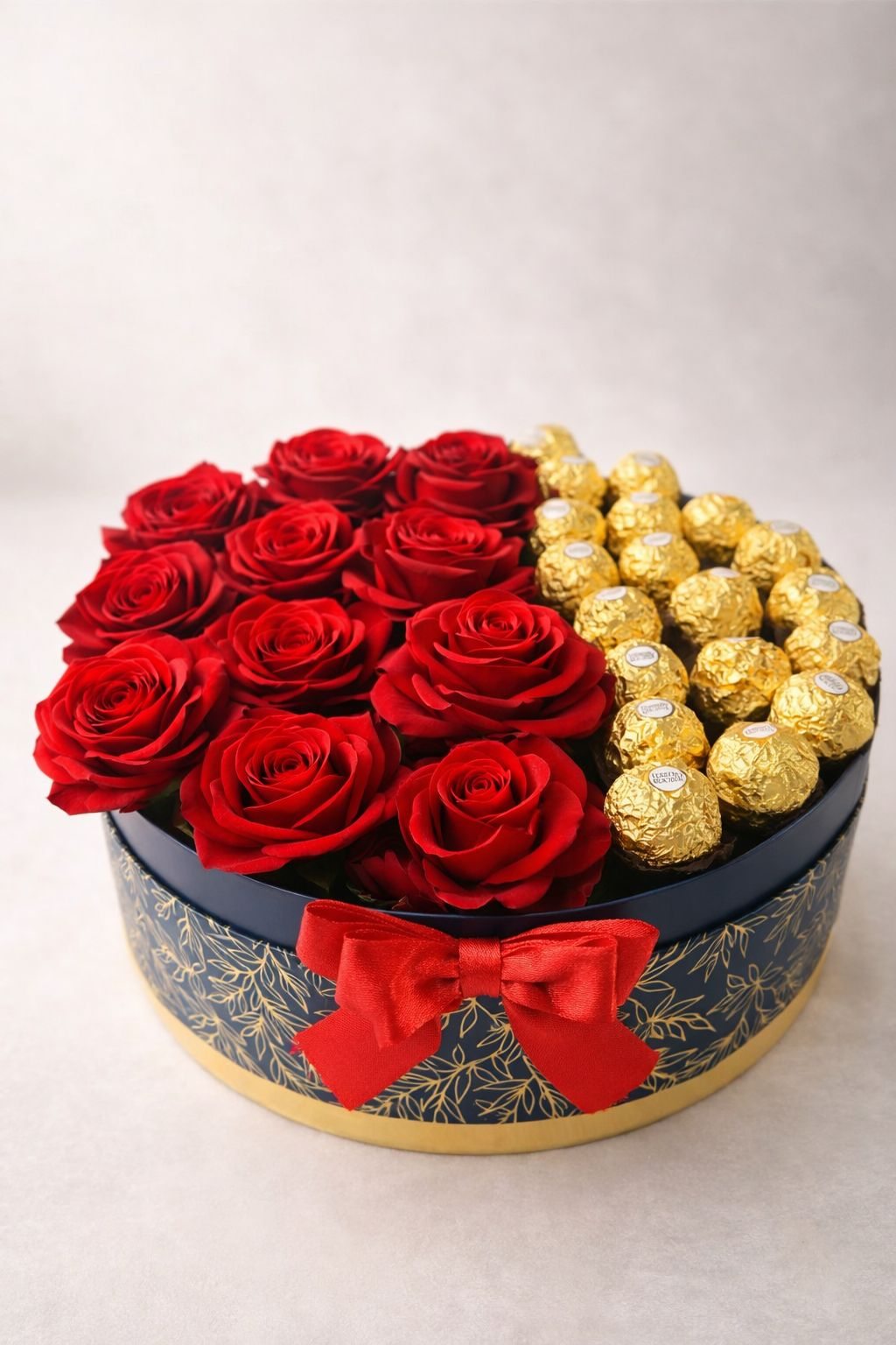Caja redonda de rosas y chocolates